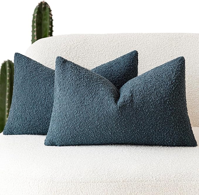 Foindtower Pack of 2 Modern Textured Boucle Throw Pillow Covers Accent Solid Decorative Lumbar Pillow Cases Cozy Couch Cushion Case for Chair Sofa Bedroom Living Room Home Decor, 12 x 20 Inch,Blue