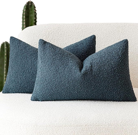 Foindtower Pack of 2 Modern Textured Boucle Throw Pillow Covers Accent Solid Decorative Lumbar Pillow Cases Cozy Couch Cushion Case for Chair Sofa Bedroom Living Room Home Decor, 12 x 20 Inch,Blue