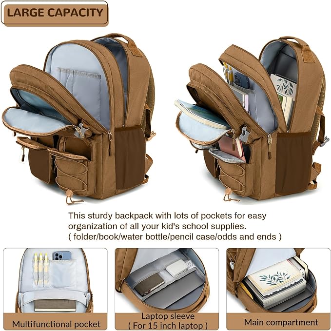 Lohol Water Resistant Daypack with Mulitiple Pockets for Travel Outdoor College, 15.6 inch Laptop Backpack for Men and Women (Brown)