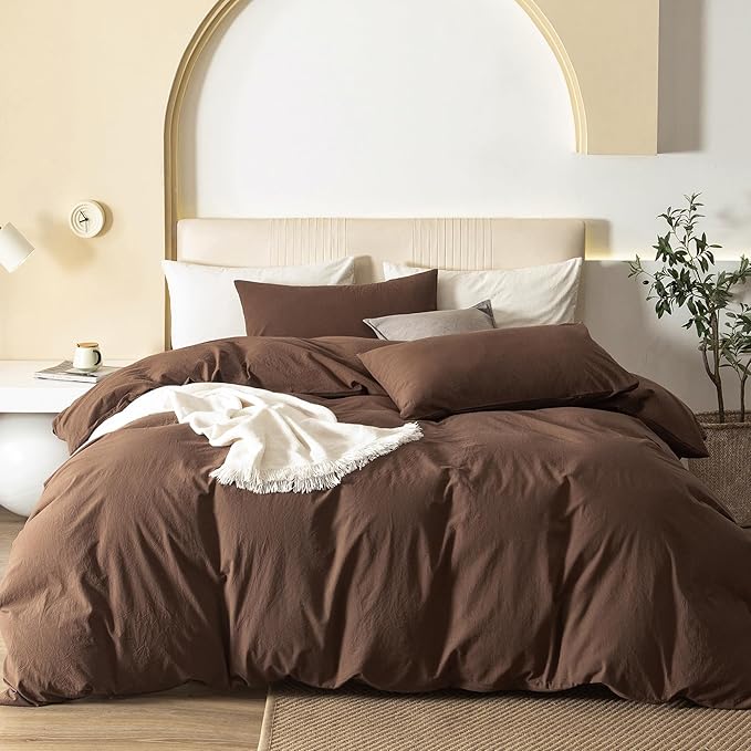 JIYUAN 100% Washed Cotton Duvet Cover Set 3 Pieces Queen, 1 Duvet Cover 90x90 Inches(Comforter Not Included) and 2 Pillowcases,Linen Feel Bedding Set Comfy and Breathable,Chocolate Brown