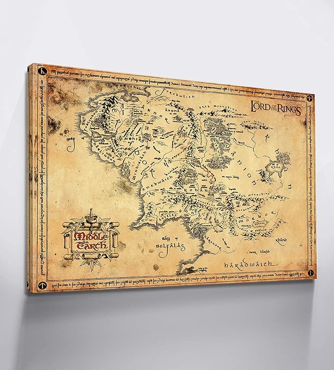 Middle Earth Map Wall Art Canvas Print - Fantasy Map of Middle Earth - 28''H x 40''W with Inner Wooden Frame - Lightweight & Easy to Hang - Perfect for Bedroom, Game Room Decor