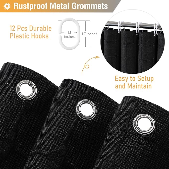 BTTN Black Boho Farmhouse Shower Curtain, Linen Rustic Heavy Duty Fabric Shower Curtain Set with Tassel, Water Repellent, Bohemian Vintage Country Thick Cloth Shower Curtains for Bathroom, 72x72