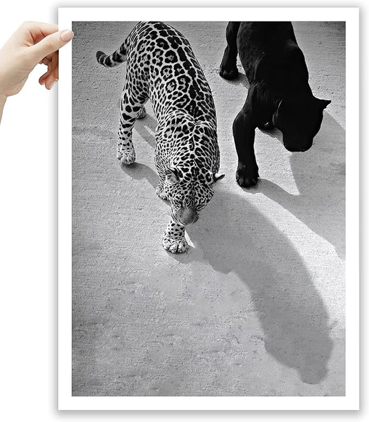 EcoHest Unframed Cheetah and Jaguar Walking Wall Art, 12x16 in OAK Wood Vintage Black and White Funny Bathroom Canvas Art, Fashion 1950s Poster Decor, Beige Logs Set of 1 for Bedroom Living Room