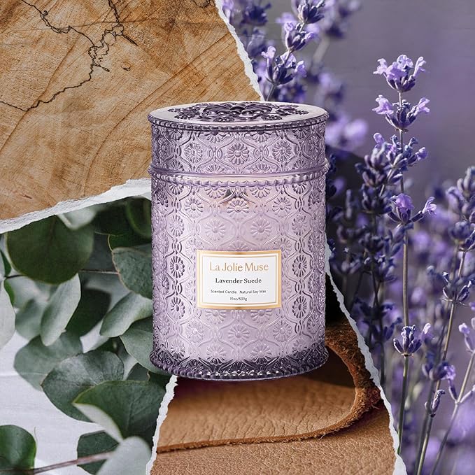 LA JOLIE MUSE Lavender Candle, 19 oz Wood Wicked Candles for Home Scented, Large Soy Candles for Women, 90 Hours Long Burning, Lavender Suede
