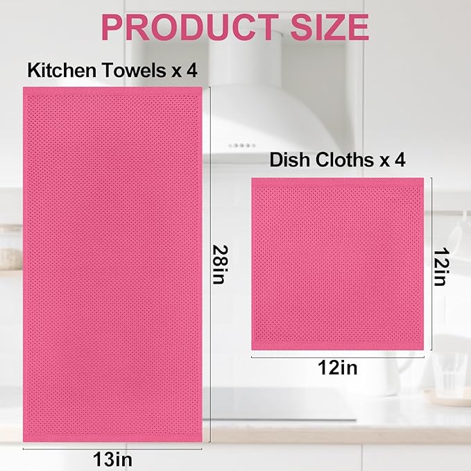 Homaxy 100% Cotton Kitchen Towels and Dishcloths Set, 12 x 12 Inches and 13 x 28 Inches, Set of 8 Bulk Kitchen Towels Set, Ultra Soft Absorbent Dish Cloths for Washing Dishes, Hot Pink