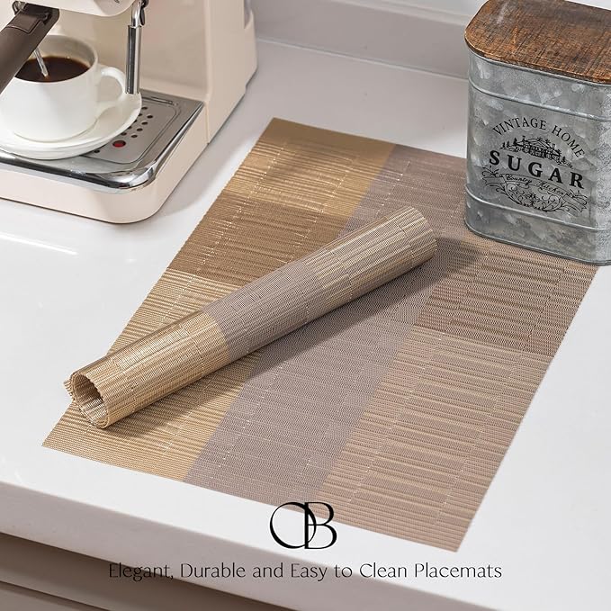 Placemats Set of 6 - Easy Clean Woven Vinyl Placemats for Dining Table, Indoor/Outdoor Place Mats, Washable PVC Table Mats （Gold Dune）