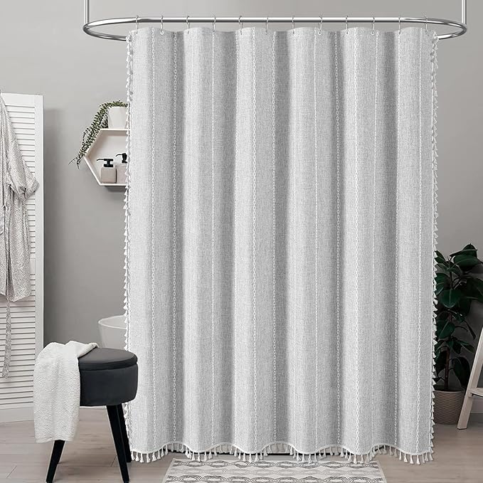 BTTN Extra Long Shower Curtain - 72x90 Inch Striped Boho Linen Fabric Heavy Duty Shower Curtain Set with Plastic Hooks, Modern Bohemian Farmhouse Luxury Tassel Cloth Shower Curtains for Bathroom, Grey