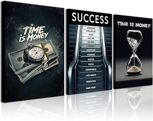 3Pcs Framed Time Is Money Canvas Wall Art Office Wall Decor Inspirational Quotes Pictures Paintings Path to Success Posters Prints of man cave Living Room Bedroom Office Decor Ready to Hang