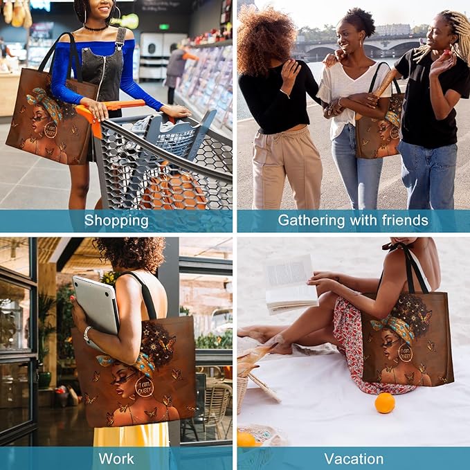 African American Women Tote Bag Black Shoulder Handbag For Women Fit Work Beach Labtops With Zip