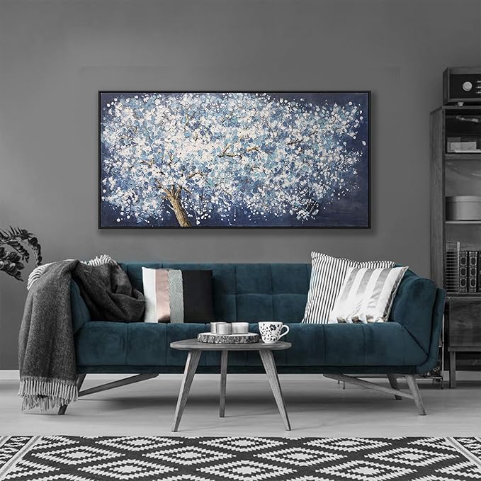 Canvas Wall Art Wall Decor Bedroom Pictures Wall Decoration Dark Blue And White Abstract Tree Plants Artwork Abstract Wall Art Large Size Modern Painting Framed Pictures For Living Room Home Kitchen Office 29"X58"