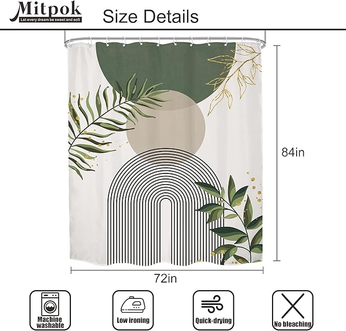 Green Boho Shower Curtain Extra Long Modern Abstract Bohemian Green Gold Minimalist Leaves Mid Century Arch Bathroom Decor Geometric Plant 72Wx84H Bath Curtain Fabric Polyester 12 Pack Hooks