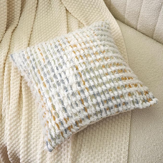 Aeckself Boho Chenille Tufted Pillow Cover 18 x 18 Inch, Decorative Square Throw Pillow Cover Neutral Pillowcase for Couch Bedroom Living Room, Yellow White