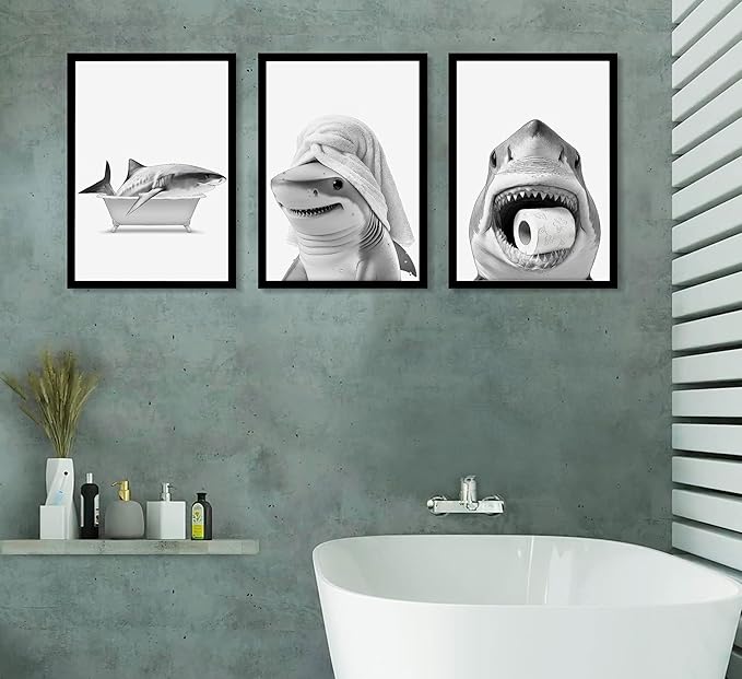 3pcs Black And White Shark Bathroom Canvas wall art Funny ocean Animal bathtub Paintings Pictures Wall Decor Modern Poster Printing Artwork for Restroom Toilet Home Decoration Unframed