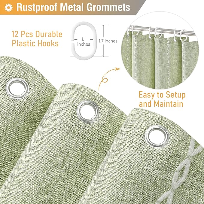 BTTN Sage Green Farmhouse Shower Curtain, Boho Linen Striped Heavy Duty Fabric Shower Curtain Set with Tassel, Bohemian Country Thick Shower Curtain for Bathroom, Wrinkle Free, Water Repellent, 72x72