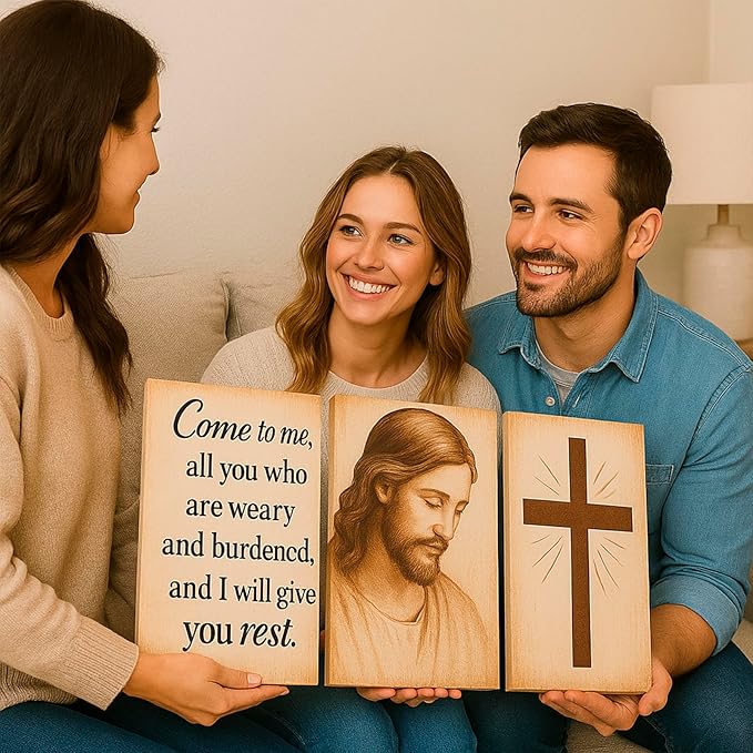 DoawBang Rustic Farmhouse Wall Art Set of 3– Jesus Portrait, Cross, and Scripture – Wooden Frame Canvas Prints, “Come to Me” Matthew 11:28, Christian Home Decor for Living Room, Prayer Room, 12"x16"