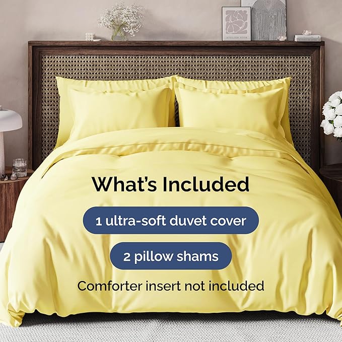 Duvet Cover Full Size Set - Extra Soft Full Size Duvet Cover 80 x 90 with 2 Pillow Shams - Hotel Luxury, Easy Care and Fade Free with Zipper Closures & Ties - Comfy, Breathable Bedding Set (Yellow)