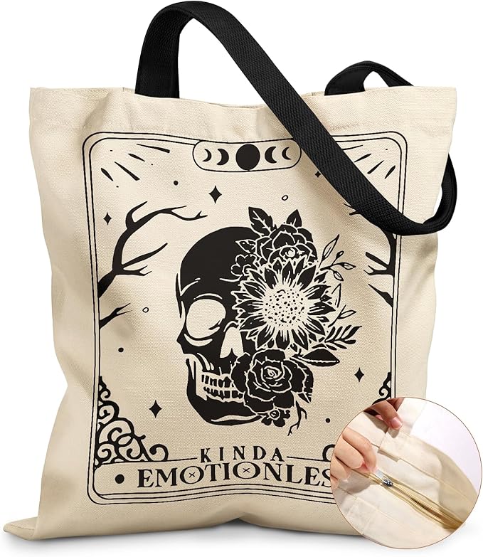 Canvas Tote Bag for Women – Aesthetic Canvas Bag with Zipper Cute Stylish Reusable Shoulder Totes for Shopping Work Daily Vacation, Skull Flower