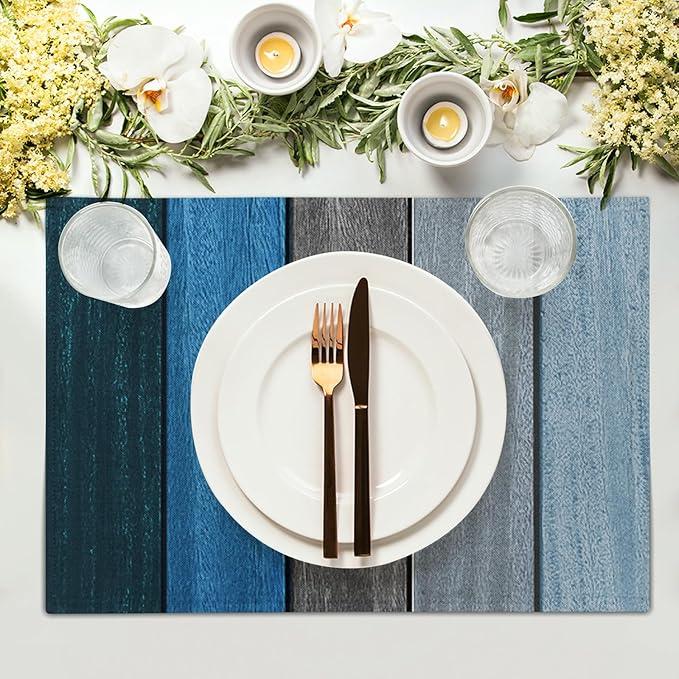 Giwawa Rustic Wood Placemats Set of 4- Navy Blue Grey Wooden Board Linen Place Mat 12x18 Inch- Farmhouse Country Style Washable Heat Resistant Table Mats for Kitchen Dining Cabin Decor