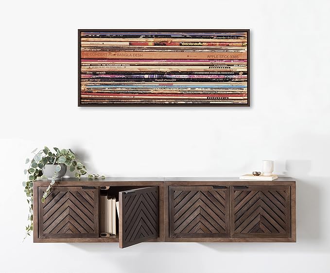 Kate and Laurel Sylvie 33RPM Framed Canvas Wall Art by Robert Cadloff of Bomobob; 18 x 40; Brown; Decorative Music Art for Wall