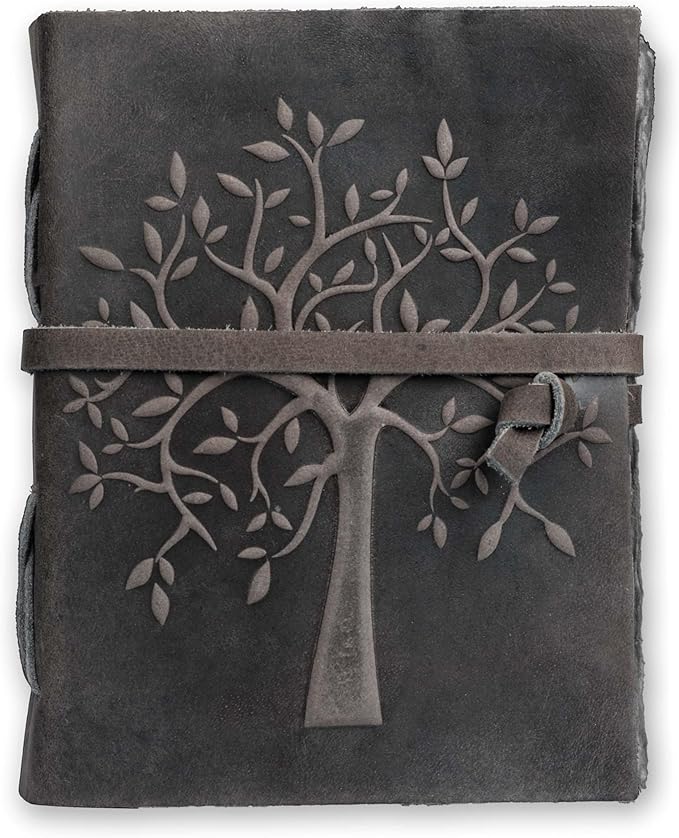 LEATHER VILLAGE Tree of Life Journal - 8"X6" (A5) inches - Rustic Black - 200 Antique Deckle Edge Handmade Paper – Book of Shadows - Vintage Leather Bound Journal for Women & Men
