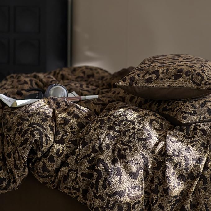 mixinni Leopard Duvet Cover Full Size Yarn-Dyed Leopard Print Jacquard Cotton Duvet Cover Set-Vintage Floral Pattern Bedding Set with Pillowcases Perfect for Him and Her-(Full Size, Brown)