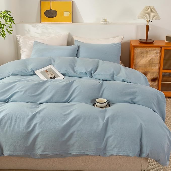 ECOCOTT Haze Blue Duvet Cover Queen Size, 3 Piece 100% Washed Cotton 1 Duvet Cover with Zipper and 2 Pillowcases, Ultra Soft and Easy Care Breathable Cozy Bedding Set (Haze Blue,Queen)