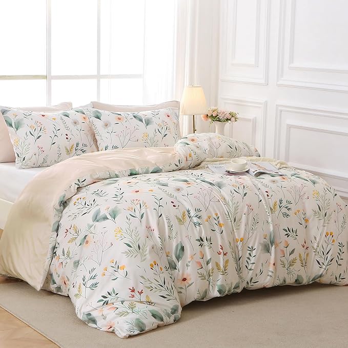 MUXHOMO Duvet Cover King Size, Reversible Floral Vintage Cover Set with Zipper Closure, 3 Pieces Botanical Patterns Soft Microfiber Bedding Set (90"x104", 2 Pillow Cases 20"×36", Garden Leaves Beige)