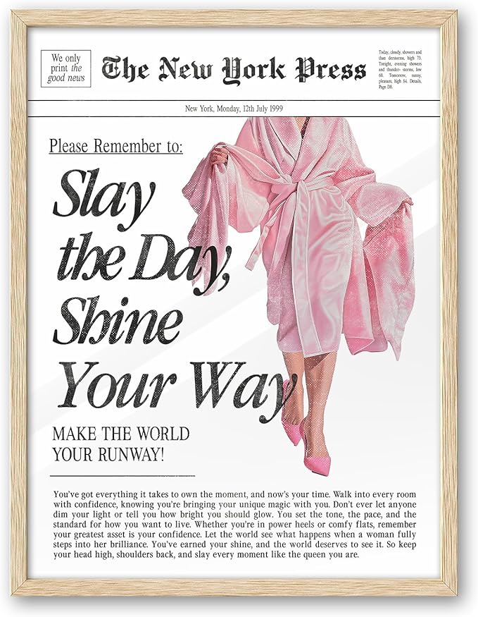 iHery Natural OAK Wood Retro Vintage Pink News Framed Wall Art, 12x16 in Slay the Day Shine Your Way Canvas Wall Decor, Modern Trendy Newspaper Bedroom Decor, Set of 1 For Bathroom Living Room