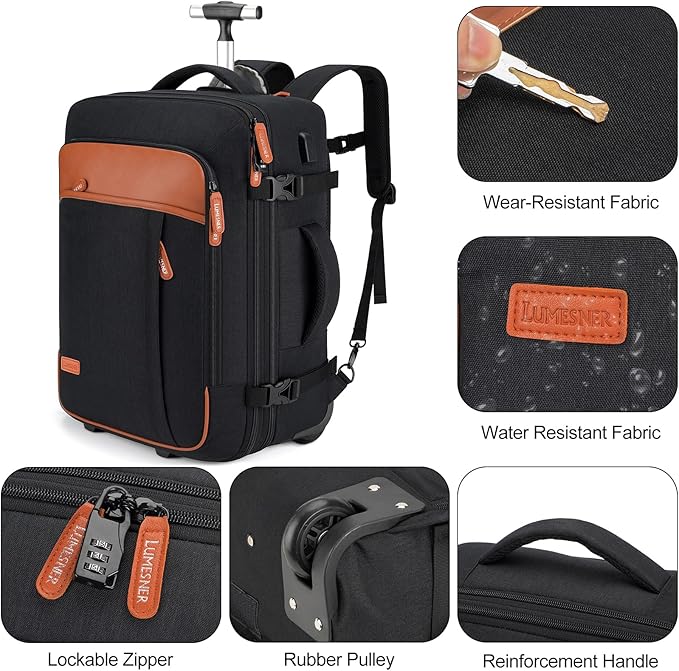 Rolling Backpack for Men and Women, Extra Large 42L Travel Backpack with Wheels, 17.3 Inch Carry-On Laptop Bag with 4 packing cubes for Business and Work, Large Capacity Rolling Bag