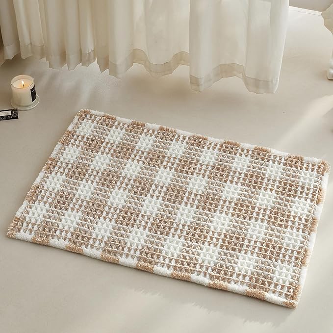 Waffle Bath Mat, Boho Bathroom Rugs Non Slip Washable Absorbent Checkered Bathroom Mat Quick Dry Farmhouse Bathroom Decor, 30"x20" Khaki and White