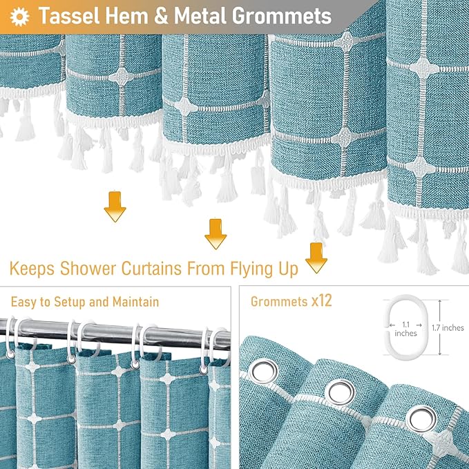 BTTN Extra Long Shower Curtain - 72x84 Inch Long Boho Chic Tassel Linen Fabric Shower Curtain Set with Hooks, Tall Modern Farmhouse Elegant Thick Cloth Shower Curtains for Bathroom - Teal/Turquoise