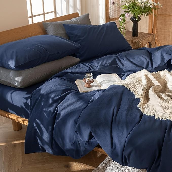 MooMee Bedding Duvet Cover Set 100% Washed Cotton Linen Like Textured Breathable Durable Soft Comfy (Solid Navy, King 104"x90")