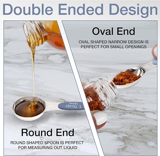 Magnetic Measuring Spoons Set - Stainless Steel, Double Ended, Stackable & Nested Design for Dry and Liquid Ingredients, Ideal for Spice Jars, 9-Piece Set with Leveler (Farmhouse)