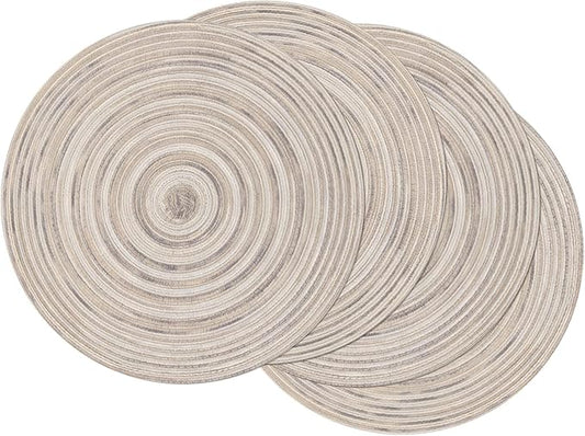 SHACOS Round Braided Placemats 15 inch Set of 4 Variegated Washable Kitchen Table Placemats for Home Wedding Party (Rainbow Gray, 4)