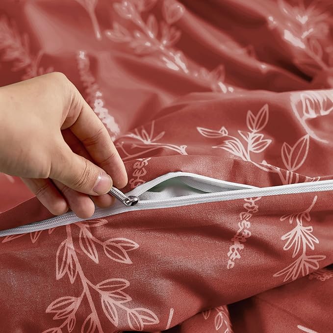 MUXHOMO Duvet Cover Queen Size, Reversible Floral Terracotta Duvet Cover Set with Zipper Closure, 3 Pieces Botanical Patterns Soft Microfiber Bedding Set with 4 Ties (90"x90", 2 Pillow Cases)