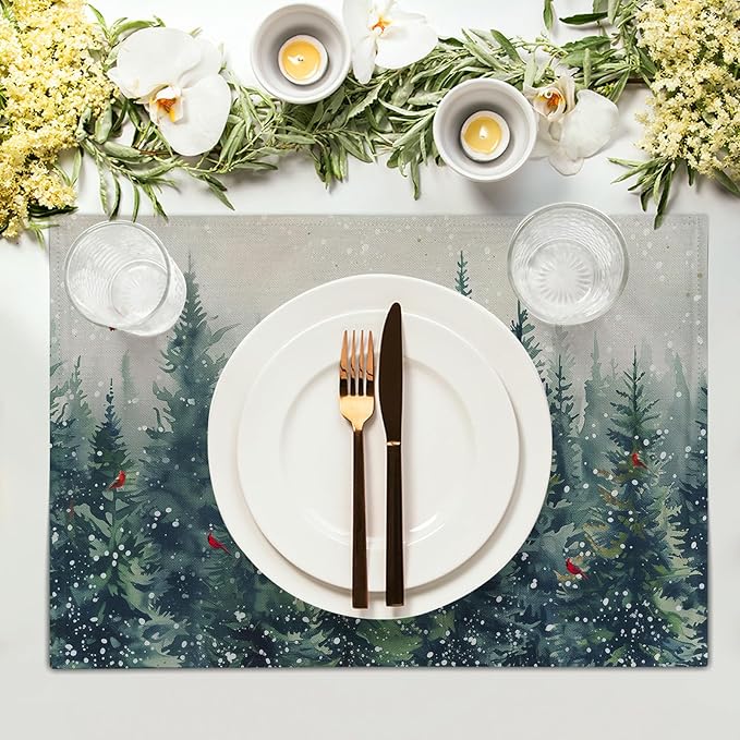 Giwawa Winter Pine Trees Placemats Set of 4 Watercolor Christmas Forest Red Birds Linen Table Mat 12"x18" Xmas Snowy Tree Decorative Seasonal Washable Place Mats for Kitchen Dining Holiday