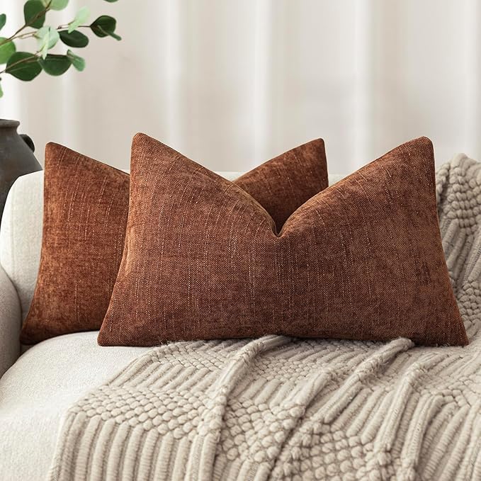 Foindtower Pack of 2 Textured Chenille Throw Decorative Pillow Covers Square Accent Solid Cushion Cover Neutral Farmhouse Lumbar Pillow Case for Couch Sofa Bedroom Living Room 12x20 Inch,Red Taupe