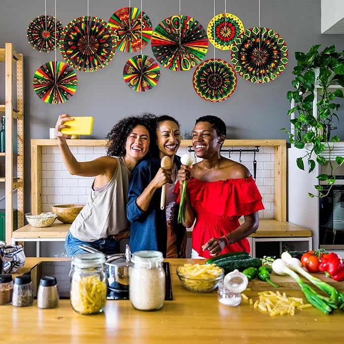 Outus Black History Month Decorations Paper Fans Juneteenth Hanging Paper Fans Kente Ceiling Wall Garland for African American Party Bulletin Board Classroom Decor (9 Pcs,Design)