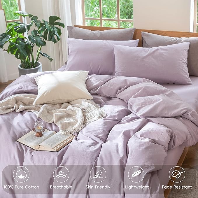 MooMee Bedding Duvet Cover Set 100% Washed Cotton Linen Like Textured Breathable Durable Soft Comfy (Heathered Light Purple, Cal King 104"x98")