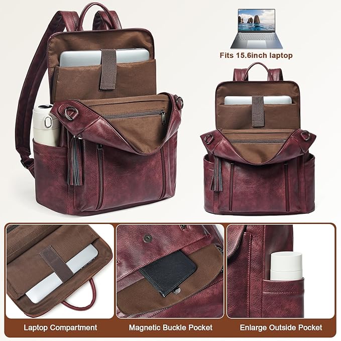 Shrrie Laptop Backpack for Women 15.6 inch,Travel Leather Backpack Purse Nurse Teacher Carry on Backpack Computer Bag,Professional Water-Resistant College Business Work Casual Daypack,Two-tone Maroon