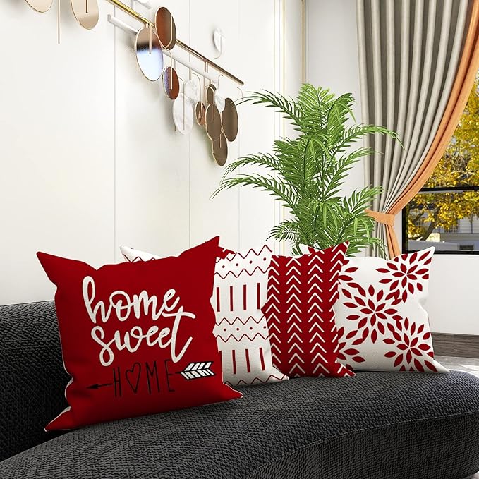 YCOLL Christmas Pillow Covers 20x20 Set of 4, Modern Sofa Throw Pillow Cover for Christmas Decor, Decorative Outdoor Linen Fabric Pillow Case for Couch Bed Car, Red
