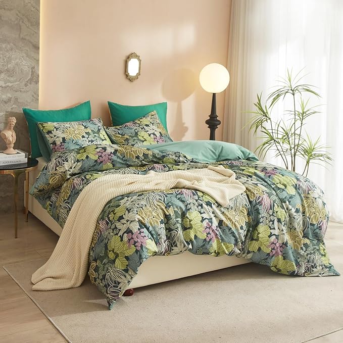 mixinni 100% Cotton Tropical Botanical Green Leaves Duvet Cover Queen Tree Plant Print Leaf Duvet Cover 3Pcs Bedding Set 1 Duvet Cover with Zipper Ties 2 Pillowcases Perfect for Him and Her Easy Care