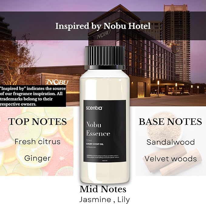 Hotel Diffuser Oil Inspired by The Nobu Hotel - 120 mL 4.06 fl oz - Essential Oil Blend Jasmine, Lilly, Sandalwood & Fresh Citrus for Aromatherapy Diffusers - Nobu Essence