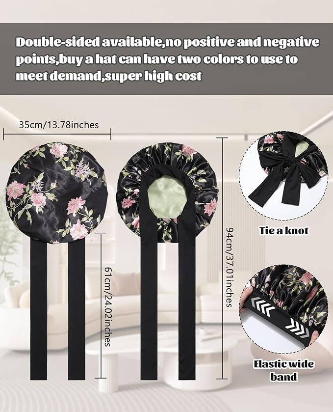 Satin Bonnet Silk Bonnet for Sleeping Silk Sleep Cap Double Layer Hair Bonnet with Elastic Tie Band for Curly Hair Night Cap (Black flower+Green)