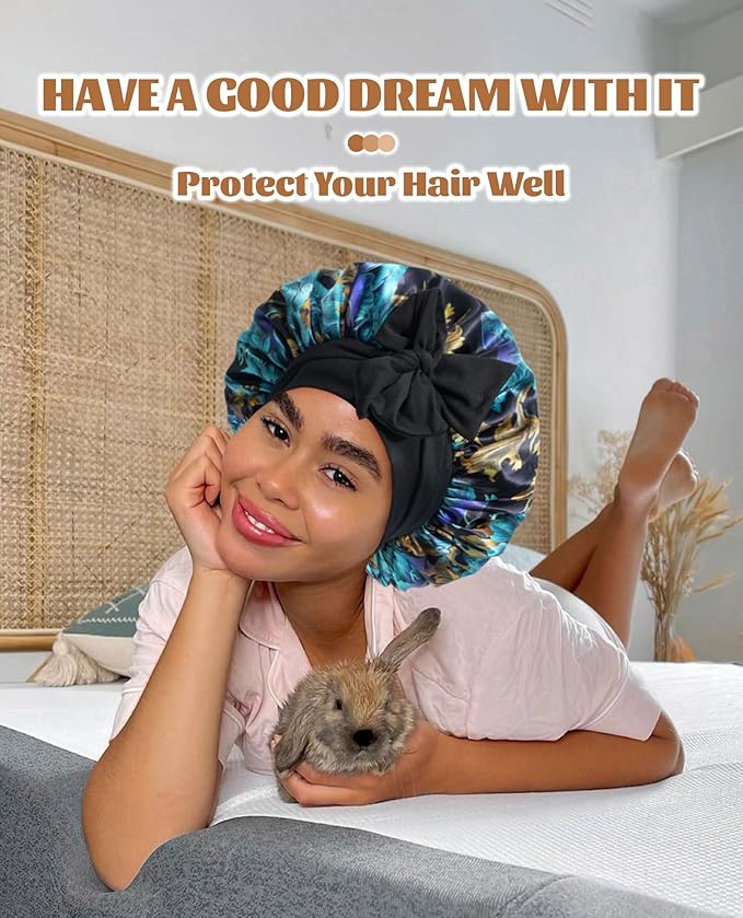 Satin Bonnet Silk Bonnet for Sleeping Silk Sleep Cap Double Layer Hair Bonnet with Elastic Tie Band for Curly Hair Night Cap(Print+Black)