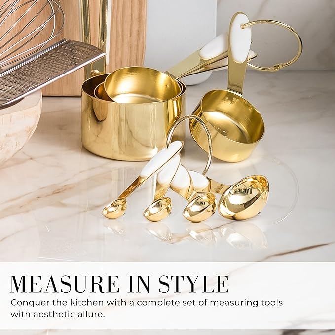 Styled Settings White and Gold Kitchen Utensils Set - 15-Piece BPA free, Non-Scratch, Utensils Set Includes White Silicone Cooking Utensils and Measuring Cups and Spoons