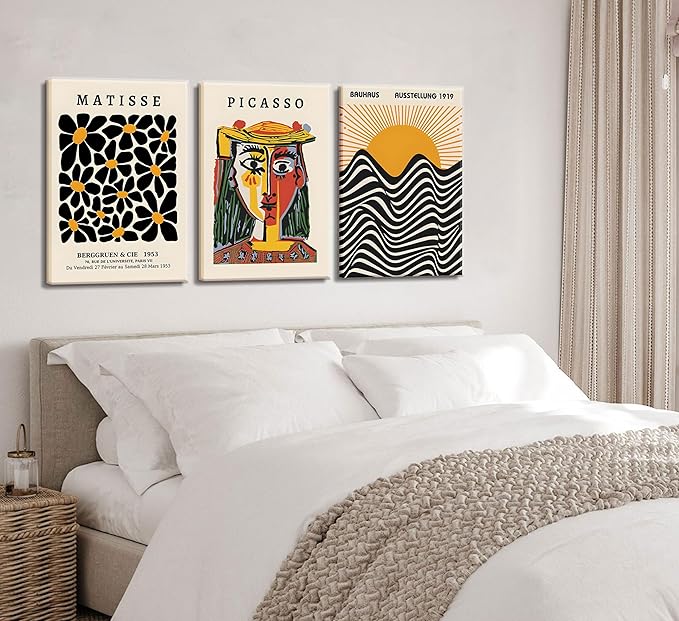 3 Pack Framed Gallery Wall Art Picasso Matisse Bauhaus Set Canvas Prints Abstract Paintings Posters Orange Black Modern Minimalist Wall Decor Pictures Suitable for Bedroom Living Room Decor (Framed,