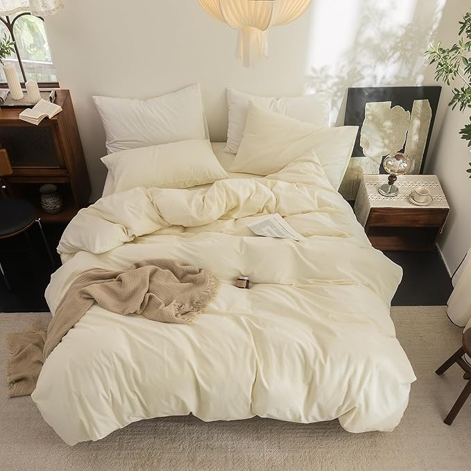 FOSSA Duvet Cover Set 100% Washed Cotton Linen Feel Super Soft Breathable Cozy 3 Pieces Bedding Sets Solid Cream White Full/Double