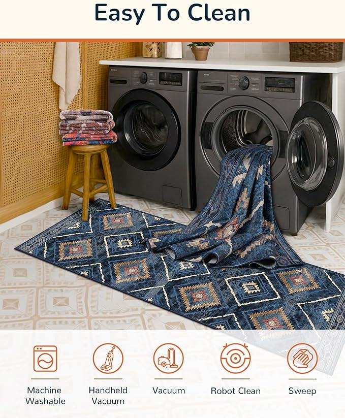 Area Rug 2x10 Rug Machine Washable Non-Slip Low Pile Print Pattern Western Rug for Living Room Bedroom Entryway Tribal Series -Darkblue