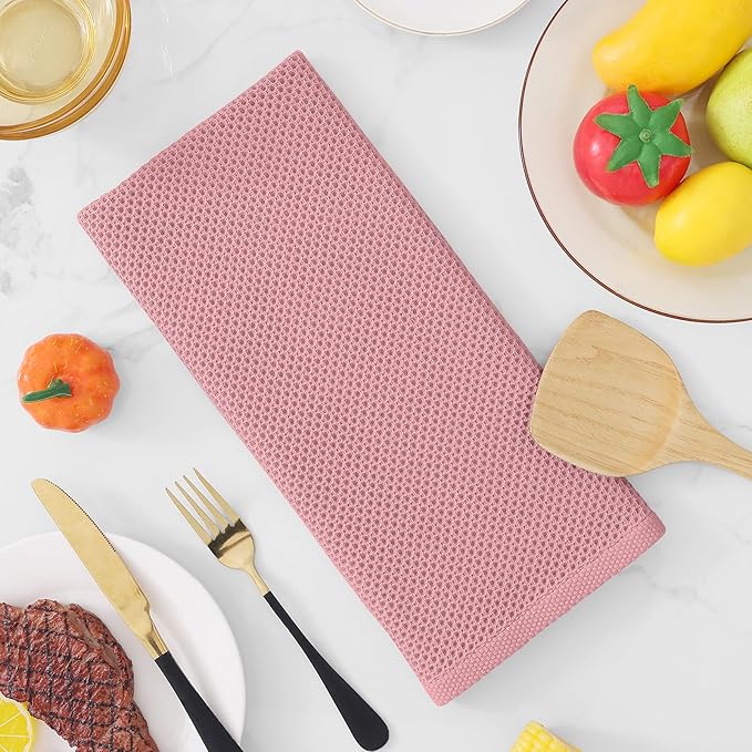 Homaxy 100% Cotton Waffle Weave Kitchen Dish Towels, Ultra Soft Absorbent Quick Drying Cleaning Towel, 13 x 28 Inches, 8-Pack, Dried Rose